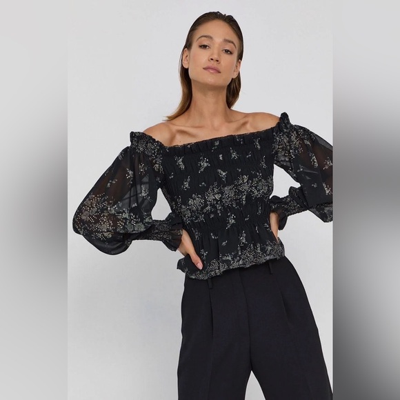 ALLSAINTS Lara Top in Black Floral, Off Shoulder, Print Top, Sz 4 - Picture 2 of 11